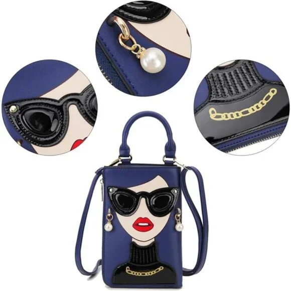 Lady Face Deep Blue Shoulder Bags Funky Vegan Leather Top Handle Satchel - Picture 3 of 6